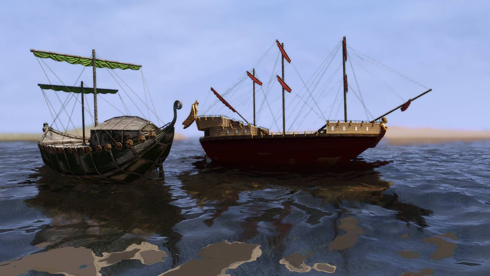 Image from the Skyrim mod Wanderer's Heart showing two ships out at sea.