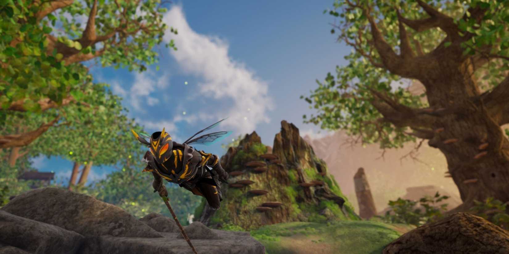 small-and-character-in-bee-themed-armor-flying-through-forest