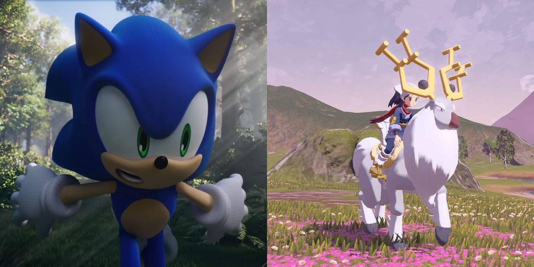 Sonic in Sonic Frontiers and the Pokemon Legends: Arceus protagonist riding a Wyrdeer