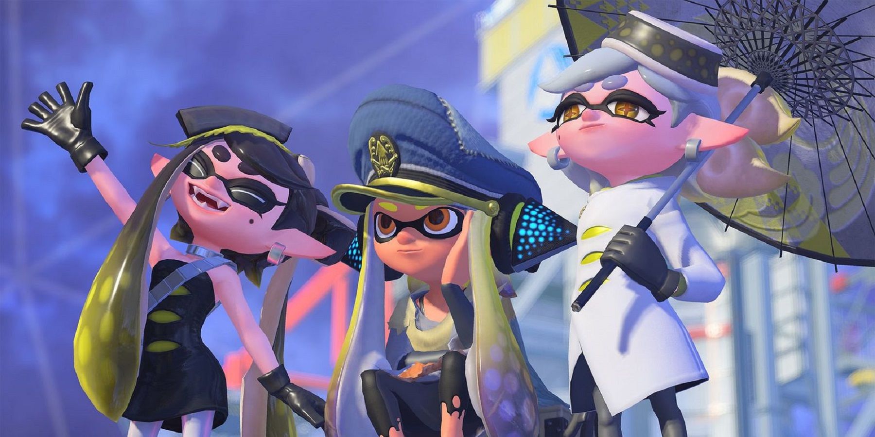 The squid sisters standing on either side of an inkling from Splatoon 3.