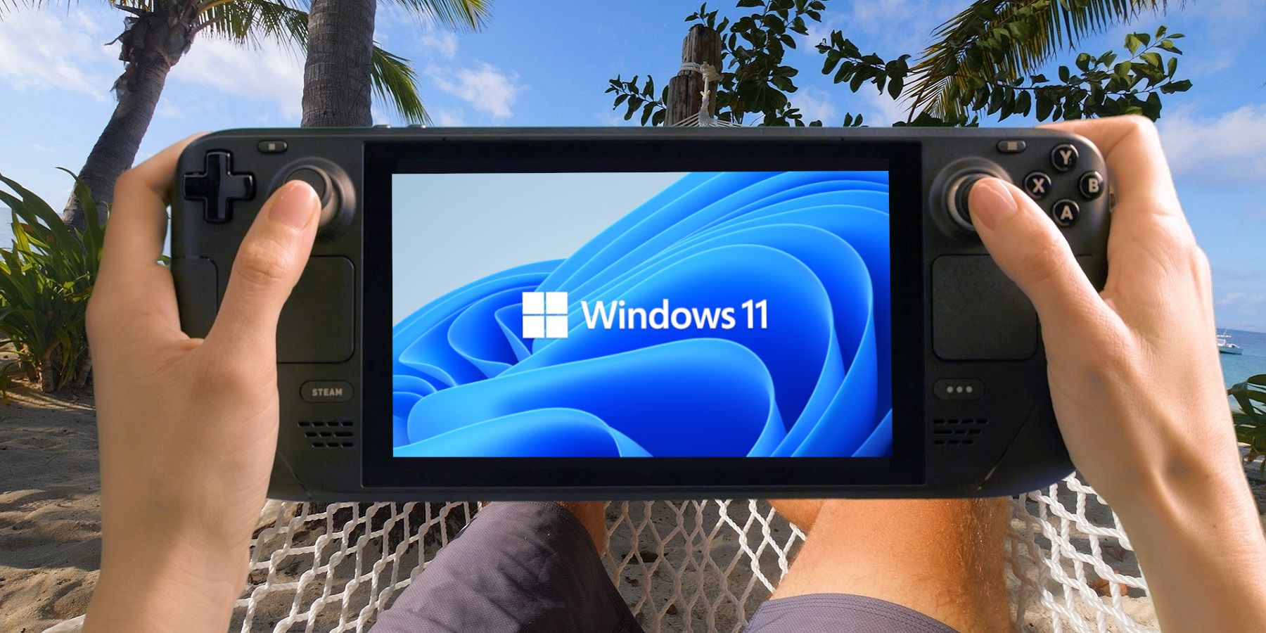 An image of someone holding a Steam Deck which has the Windows 11 logo on the screen.