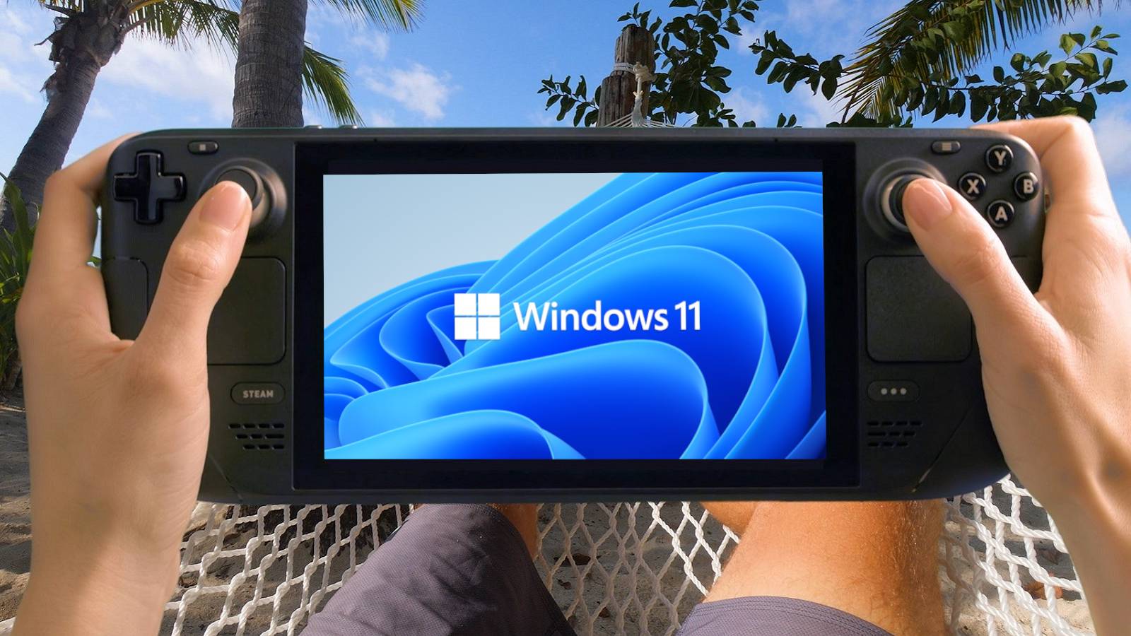 An image of someone holding a Steam Deck which has the Windows 11 logo on the screen.
