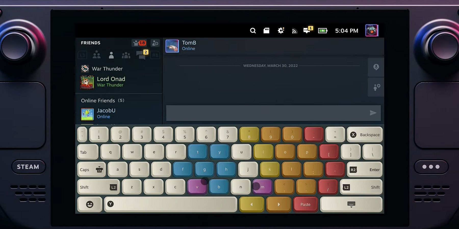 Close up image of a Steam Deck showing the onscreen keyboard.