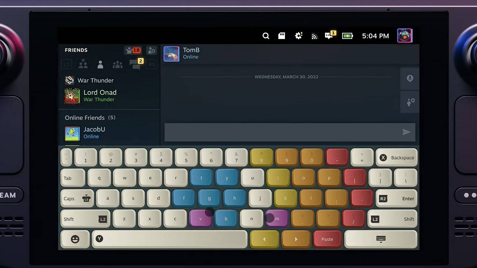 Close up image of a Steam Deck showing the onscreen keyboard.