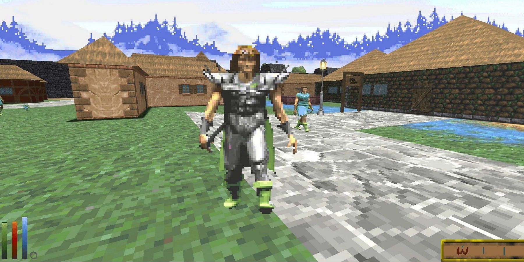 Screenshot from The Elder Scrolls 2: Daggerfall showing the player being approached by an enemy.