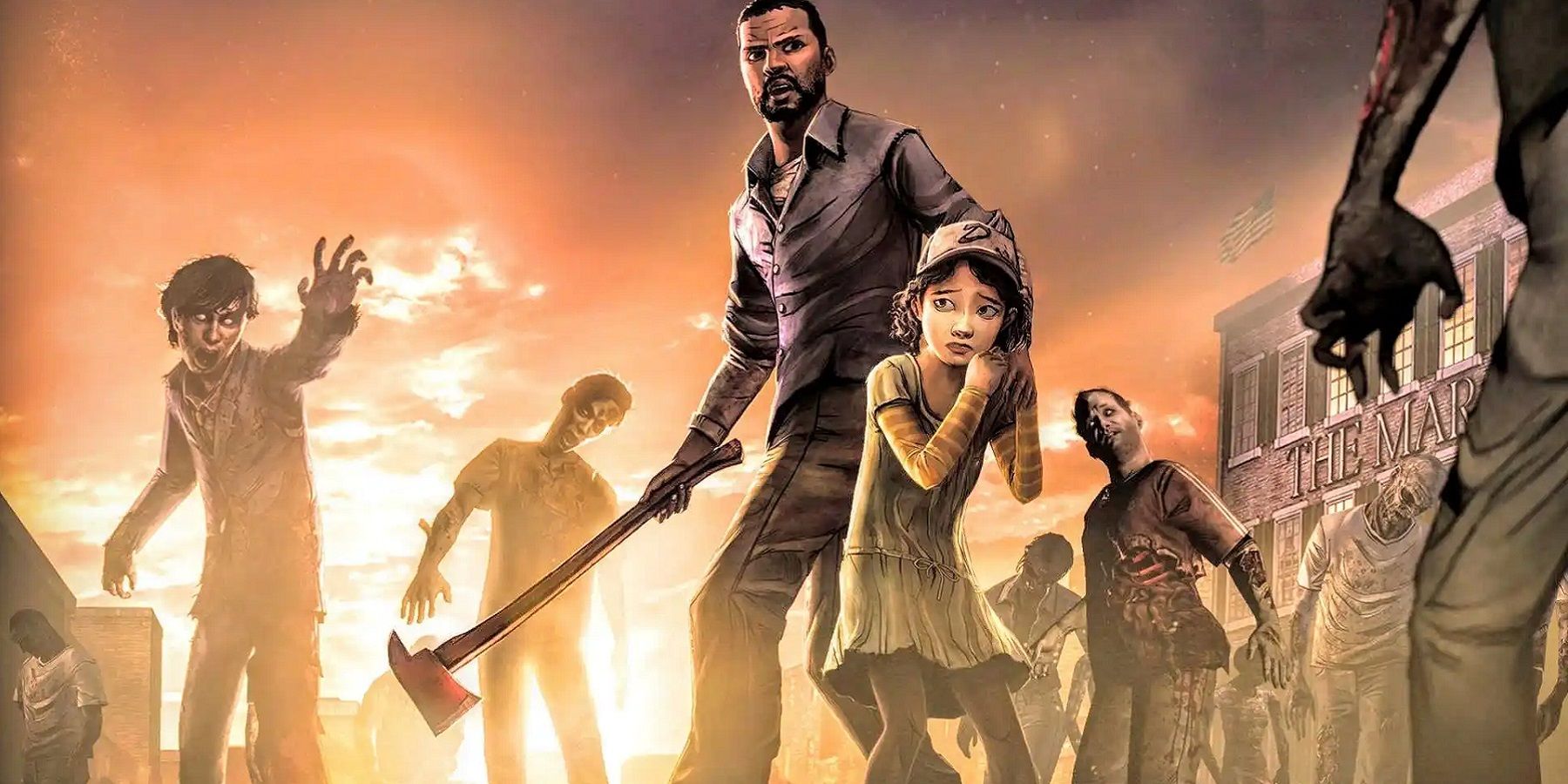 Image of Lee and Clementine from The Walking Dead: Season One surrounded by zombies.