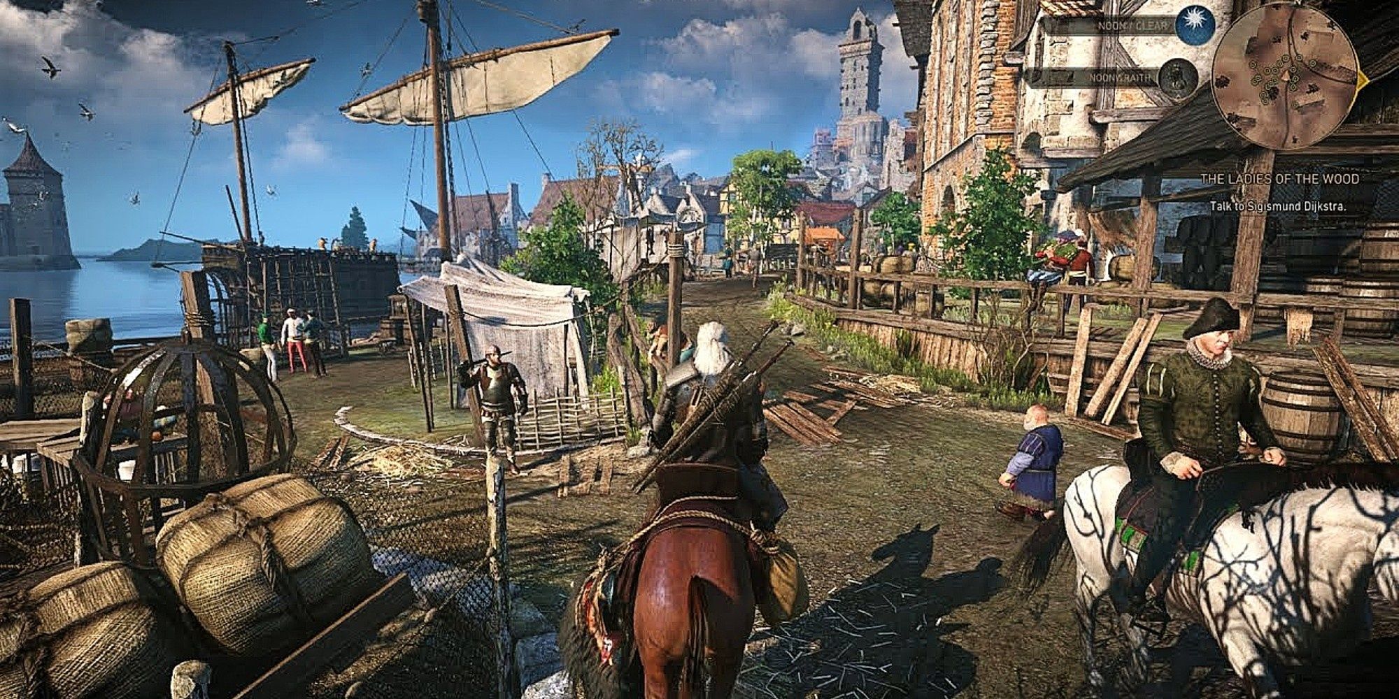 the witcher 3 geralt on horseback middle ages town