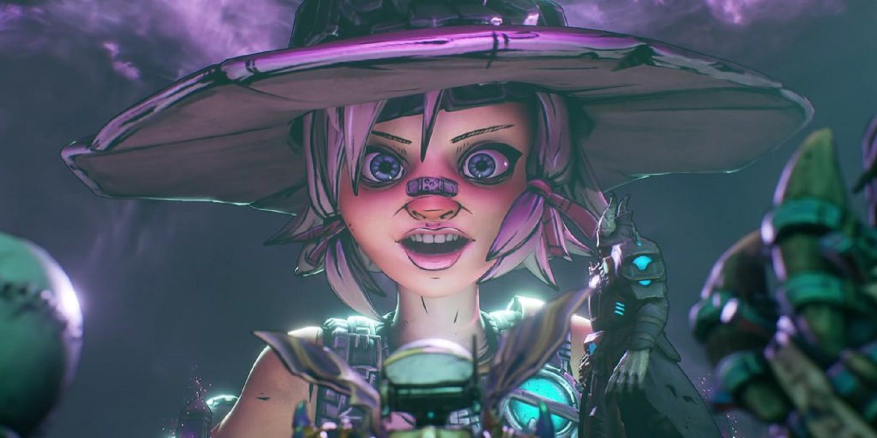 A close-up on Tiny Tina's intense smile in Tiny Tina's Wonderlands.