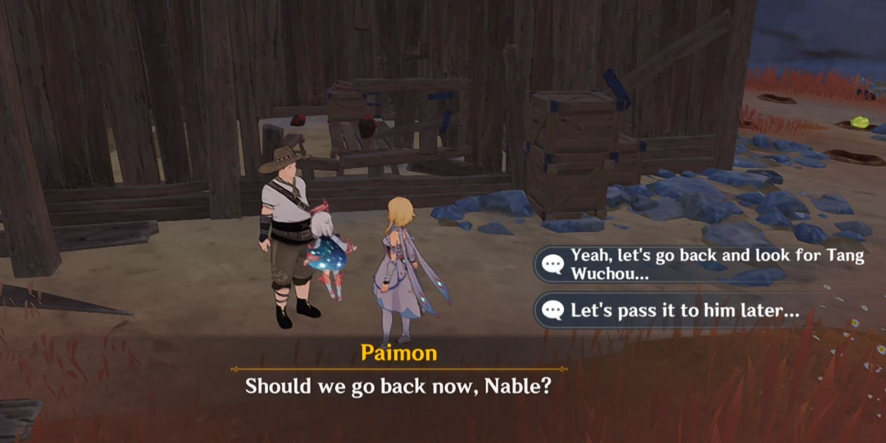 traveler and paimon speaking with old Chou in genshin impact