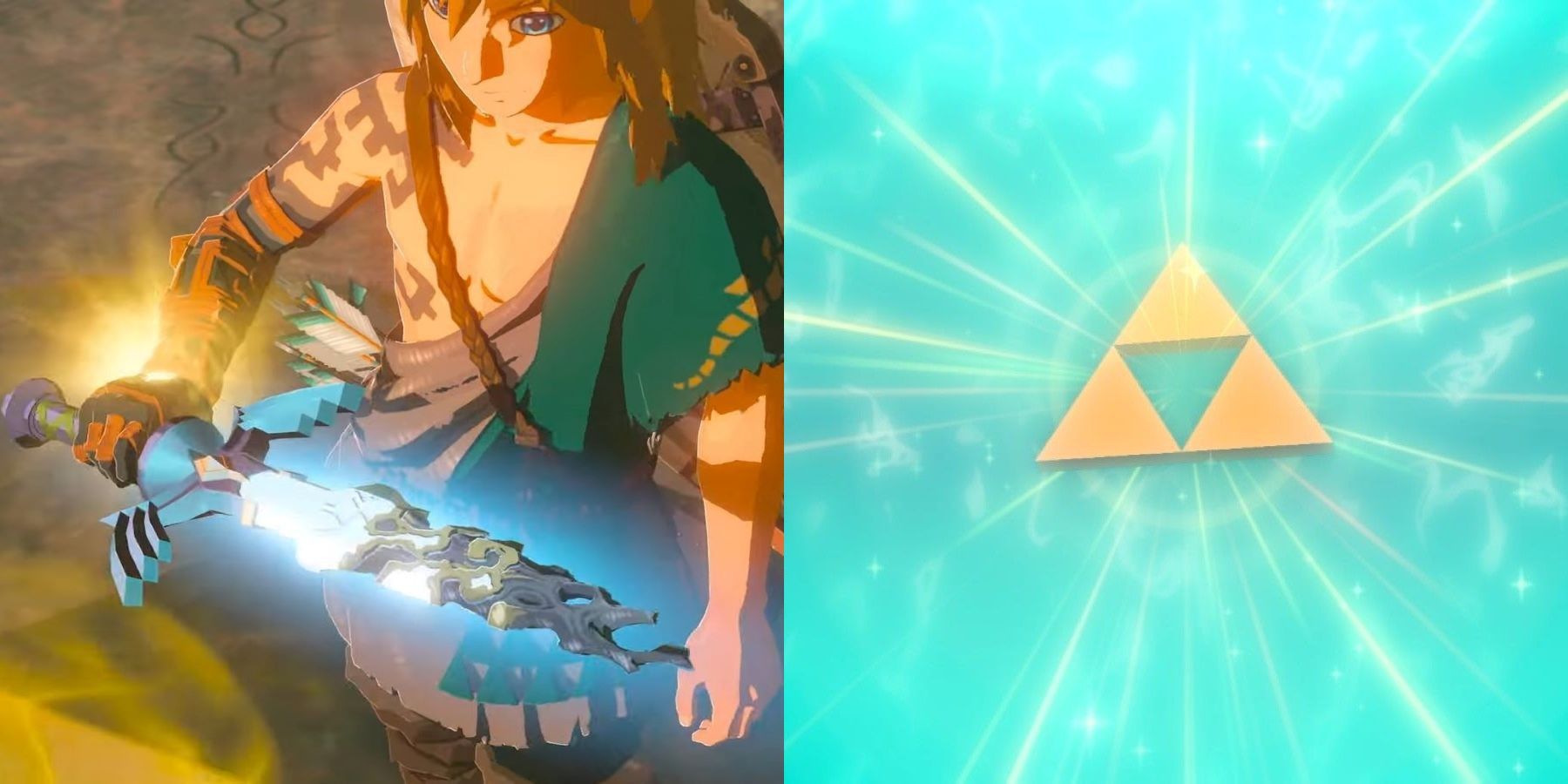 The Triforce in Wind Waker and Link holding Breath of the Wild 2's damaged Master Sword
