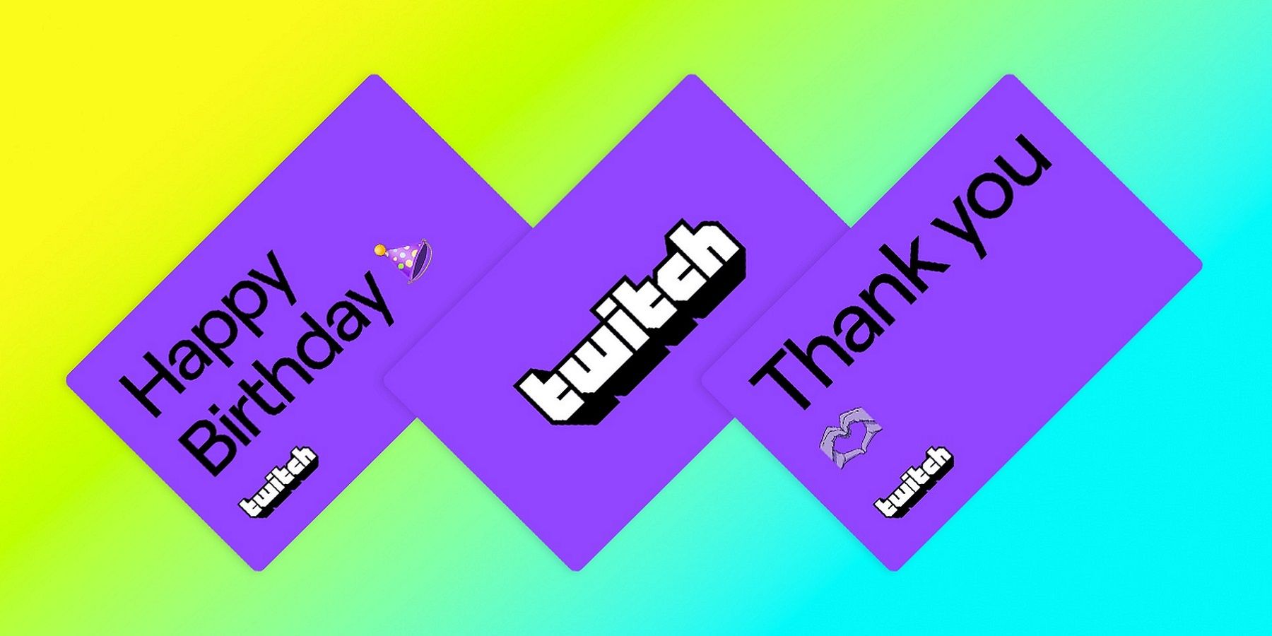 A bright image showing three Twitch gift cards.