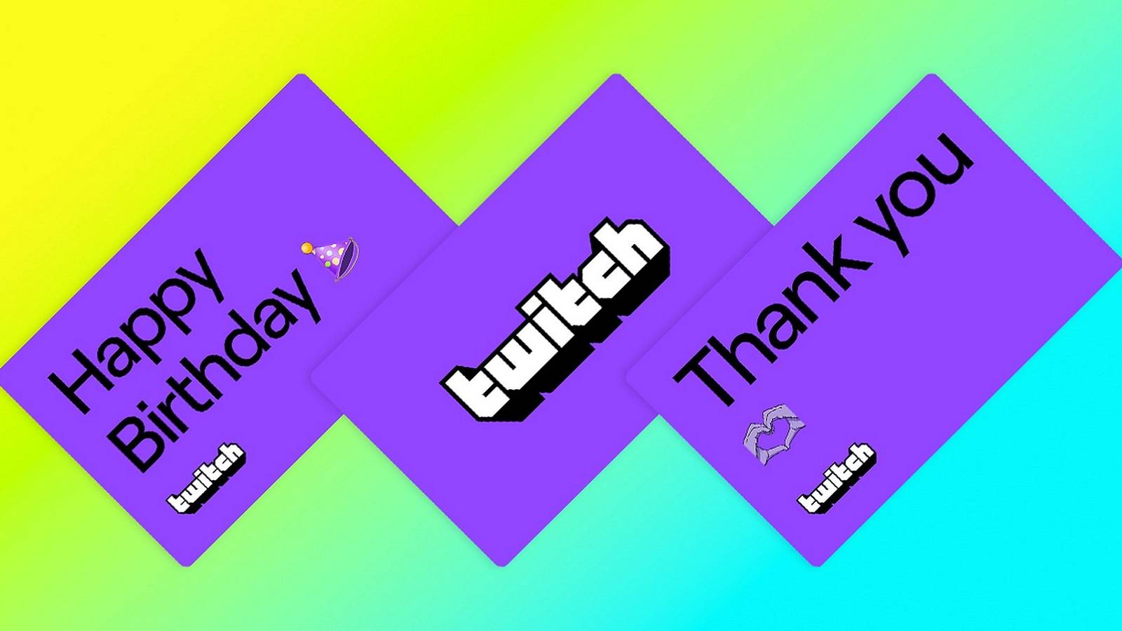 A bright image showing three Twitch gift cards.