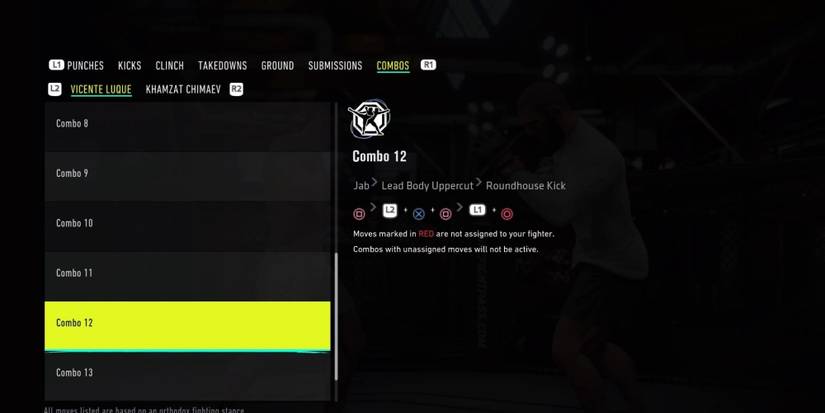 A Jab, Lead Body Uppercut, Roundhouse Kick kickboxing combination on UFC 4.