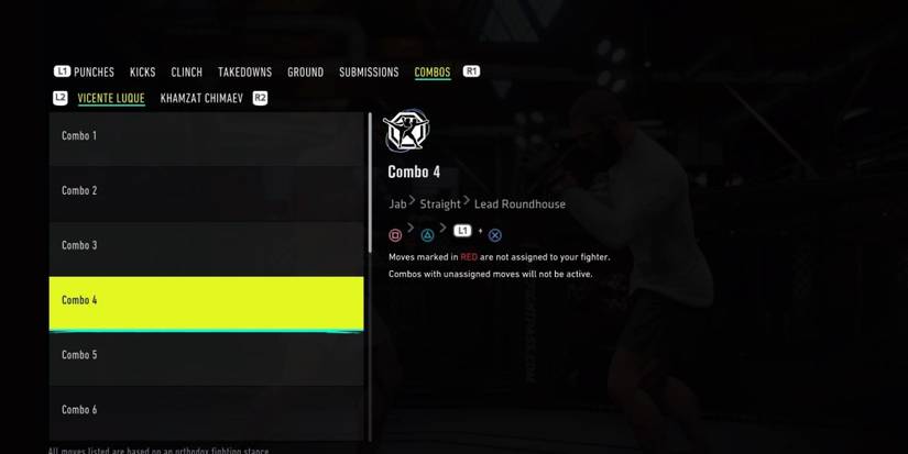 A UFC 4 kickboxing combination that is Jab, Straight, Lead Roundhouse.