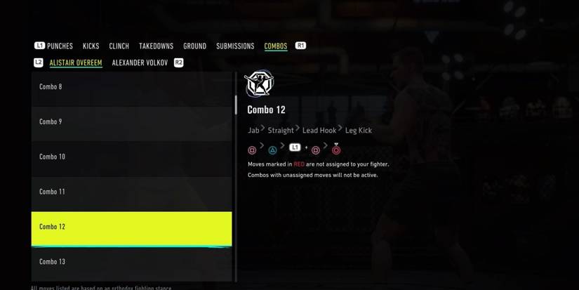 A Jab, Straight, Lead Hook, Leg Kick Muay Thai combination on UFC 4.