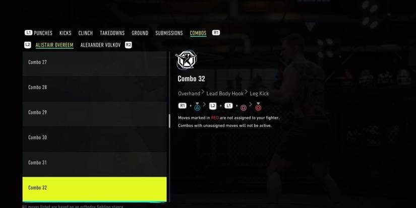 An Overhand, Lead Body Hook, Leg Kick Muay Thai combination on UFC 4.