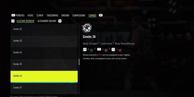 A Body Straight, Lead Hook, Body Roundhouse Muay Thai combination on UFC 4.