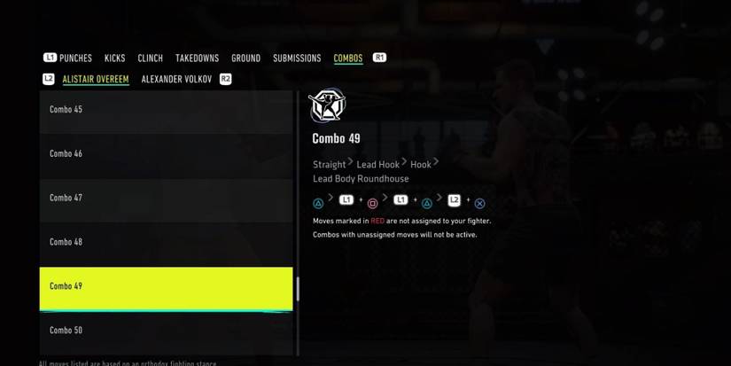 A Straight, Lead Hook, Hook, Lead Body Roundhouse Muay Thai combination on UFC 4.