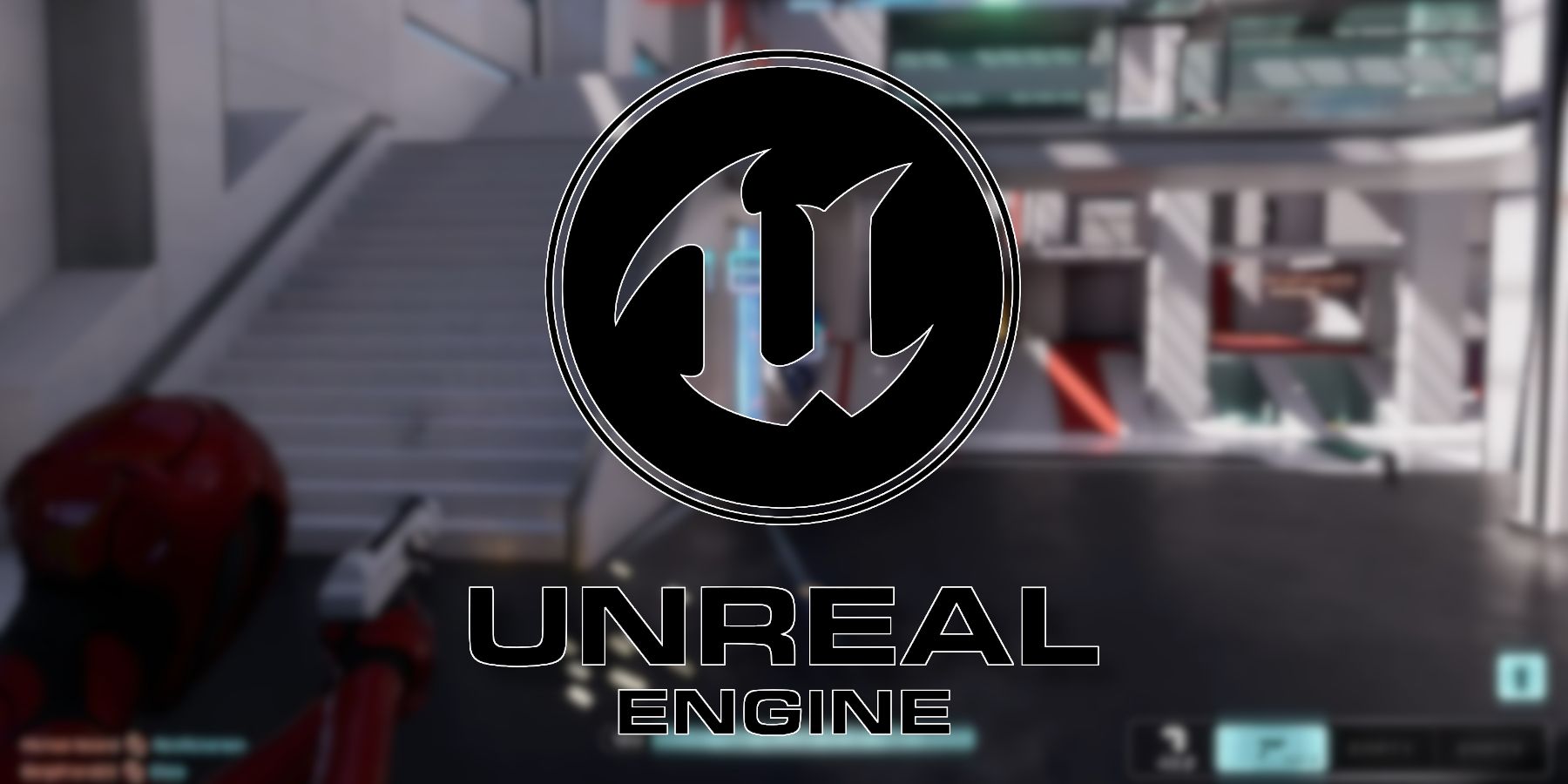 Screenshot from the multiplayer game Lyra with the Unreal Engine 5 logo in the middle.