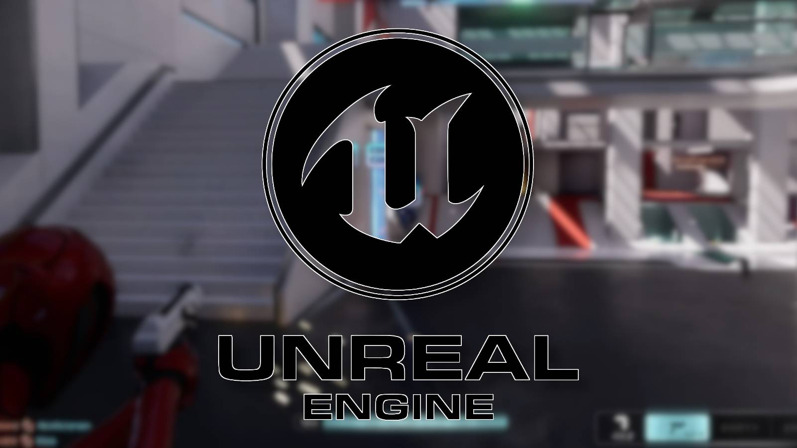 Screenshot from the multiplayer game Lyra with the Unreal Engine 5 logo in the middle.