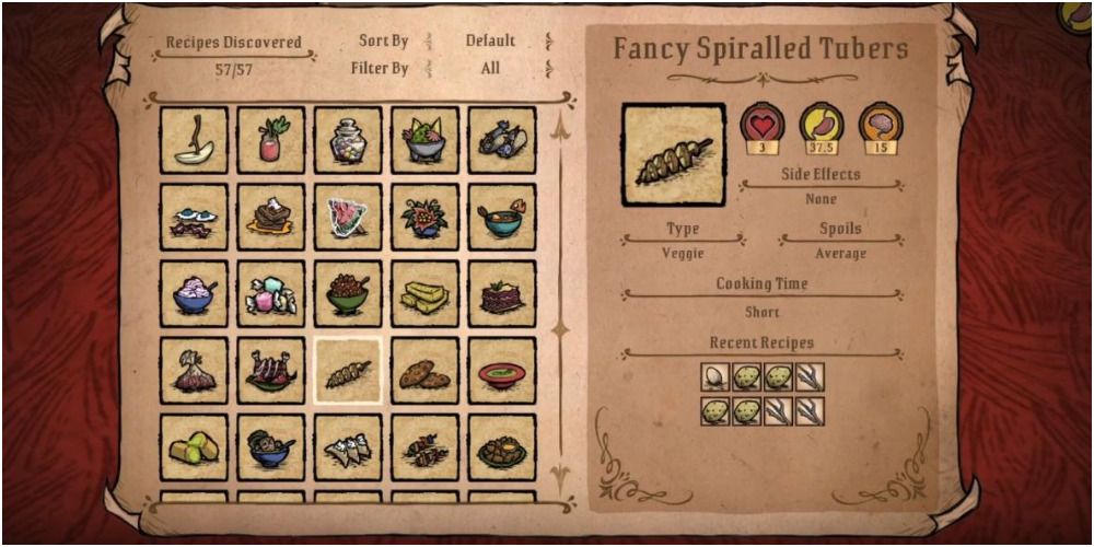 Fancy Spiralled Tubers Recipe page from Don't Starve Together.