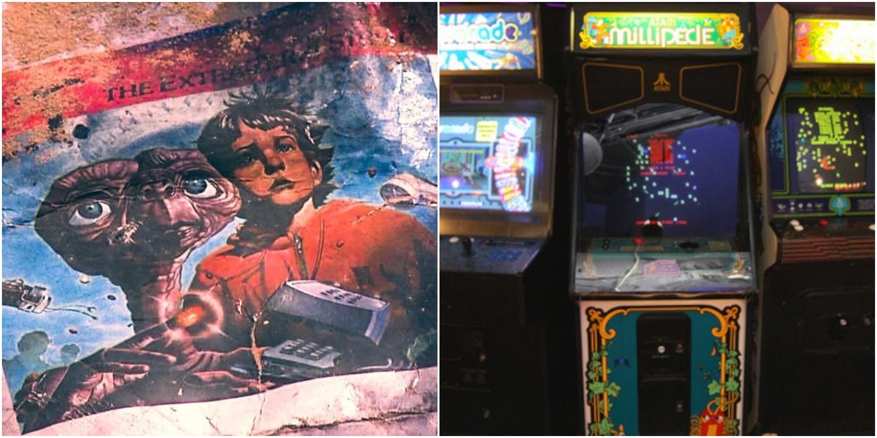 (Left) Damaged E.T. game box (Right) Arcade machines