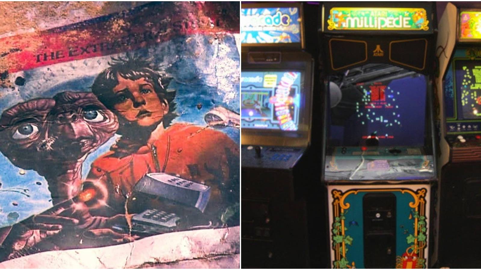 (Left) Damaged E.T. game box (Right) Arcade machines