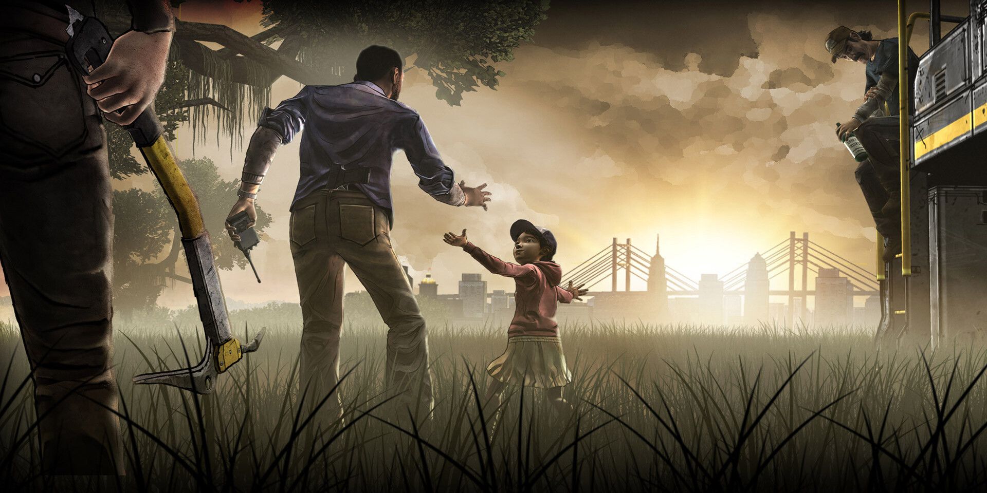 walking dead season 1 showing Lee and Clementine and person watching them