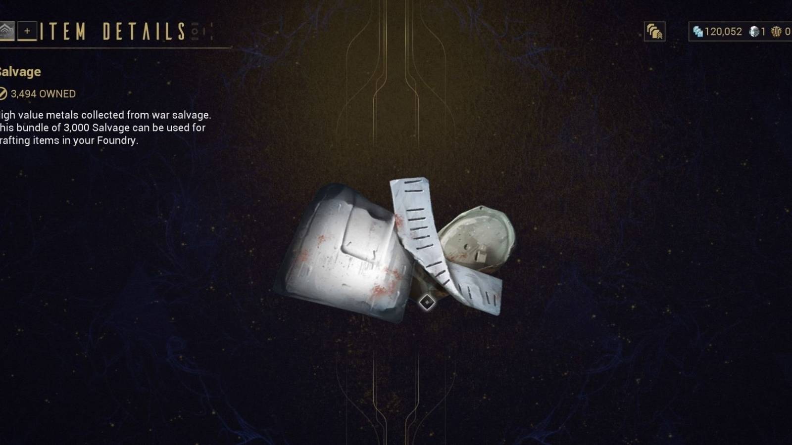 A preview of the resource Salvage on Warframe.