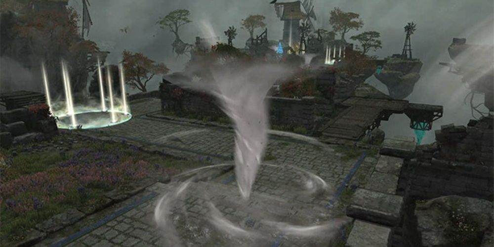 crystalline conflict match on the arena cloud nine, tornados are moving around the arena to cause damage to the players in final fantasy 14