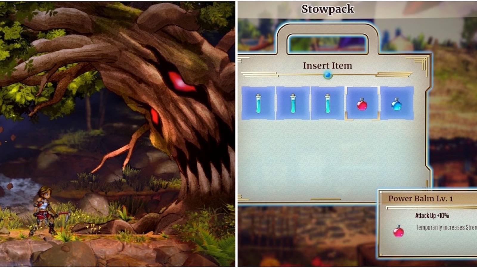 Fighting a boss and the stowpack menu in Eiyuden Chronicle Rising Eiyuden Chronicle Rising