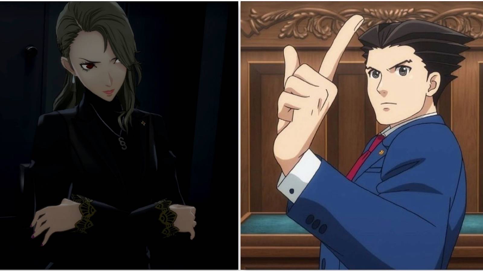 Sae Niijima from Persona 5 and Phoenix Wright from Phoenix Wright