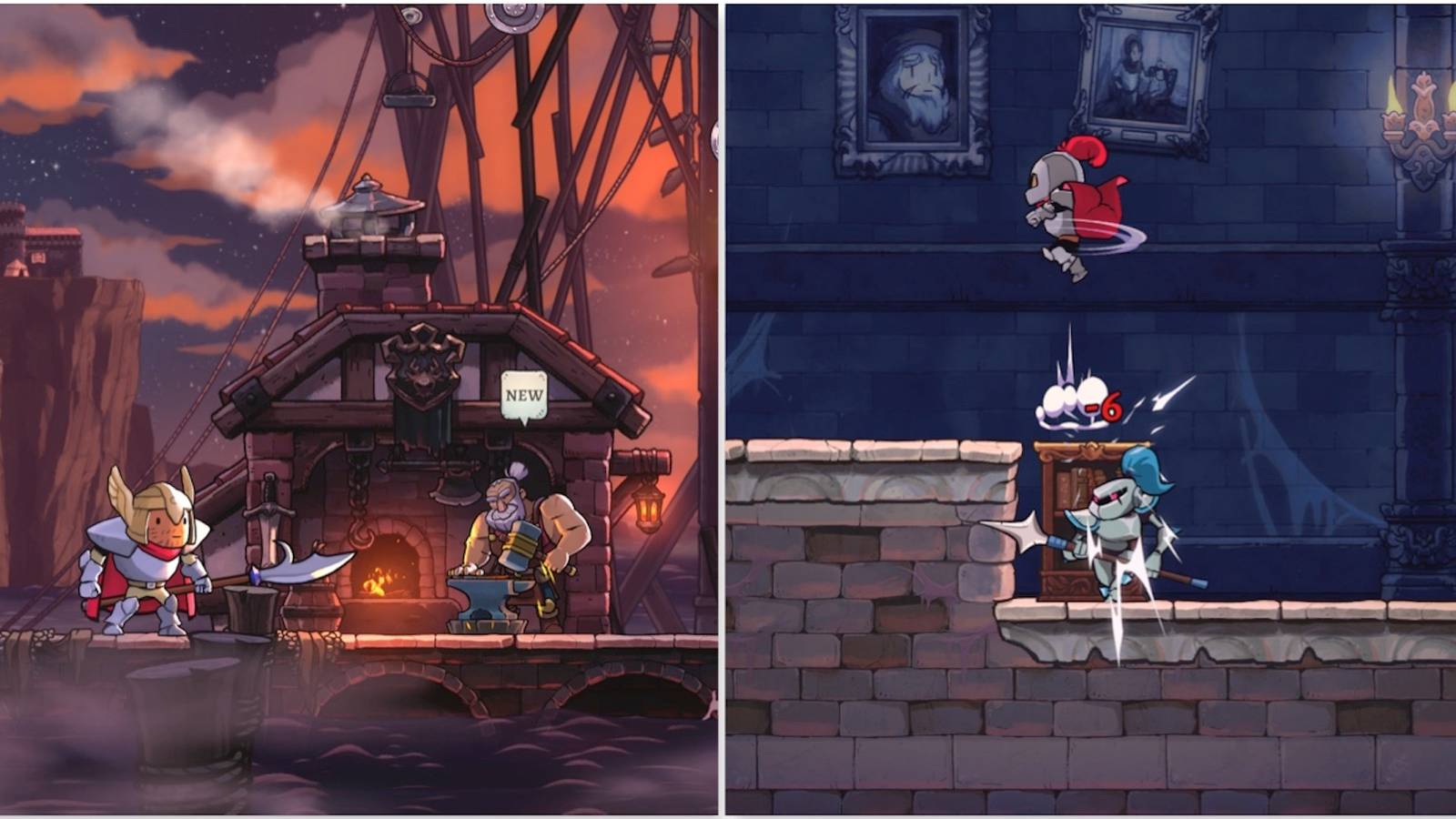 Talking to an NPC and fighting enemies in Rogue Legacy 2