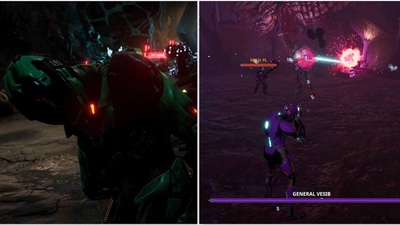 The player character and fighting a boss in Dolmen