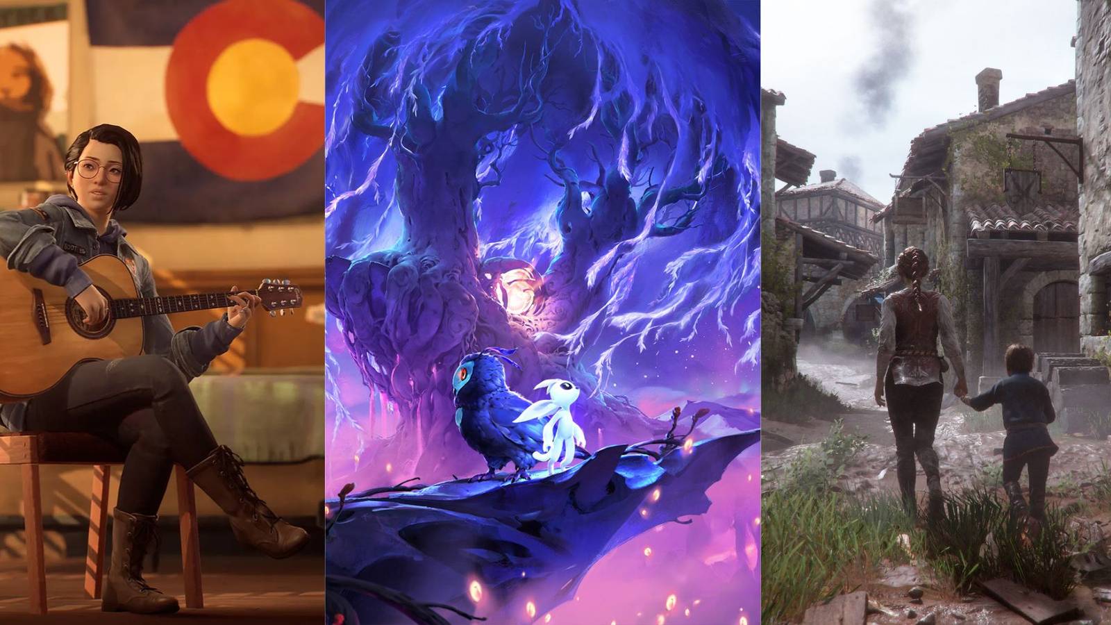 life is strange 2 character playing guitar, ori and owl in gloomy tree, a plague tale amicia and hugo walking featured