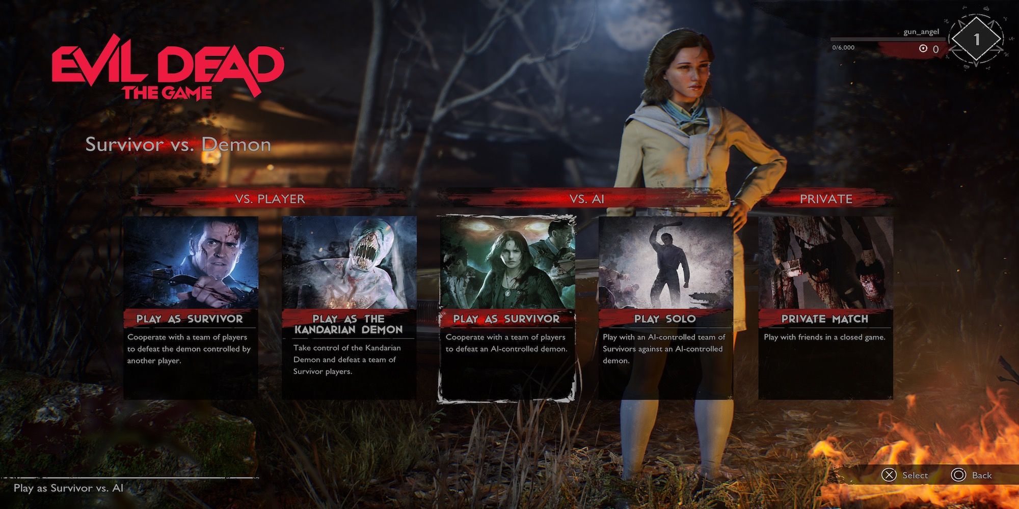 The multiplayer setup menu in Evil Dead The Game