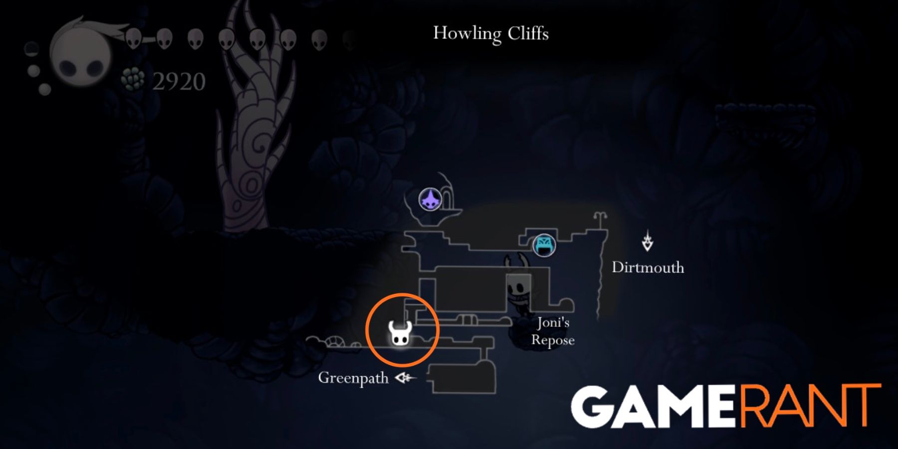 Hollow Knight Howling Cliffs map location Whispering Root