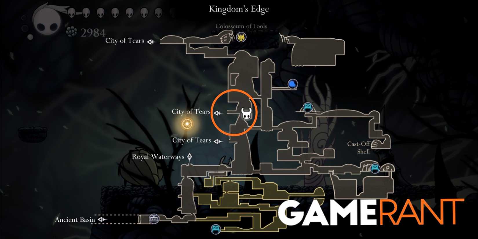Hollow Knight Kingdom's Edge map location Whispering Root