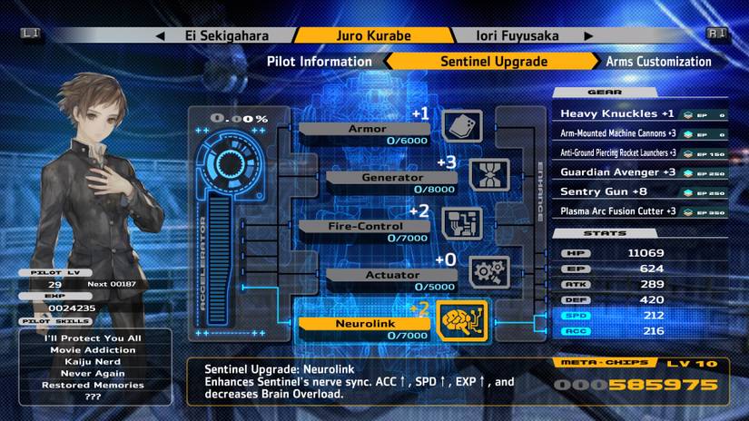 13 Sentinels Neurolink highlighted in the upgrade screen