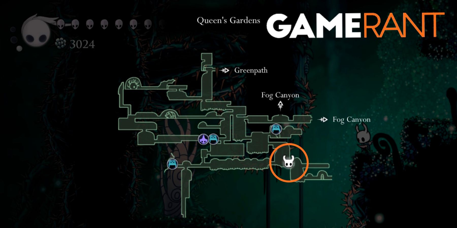 Hollow Knight Queens Gardens map location Whispering Root