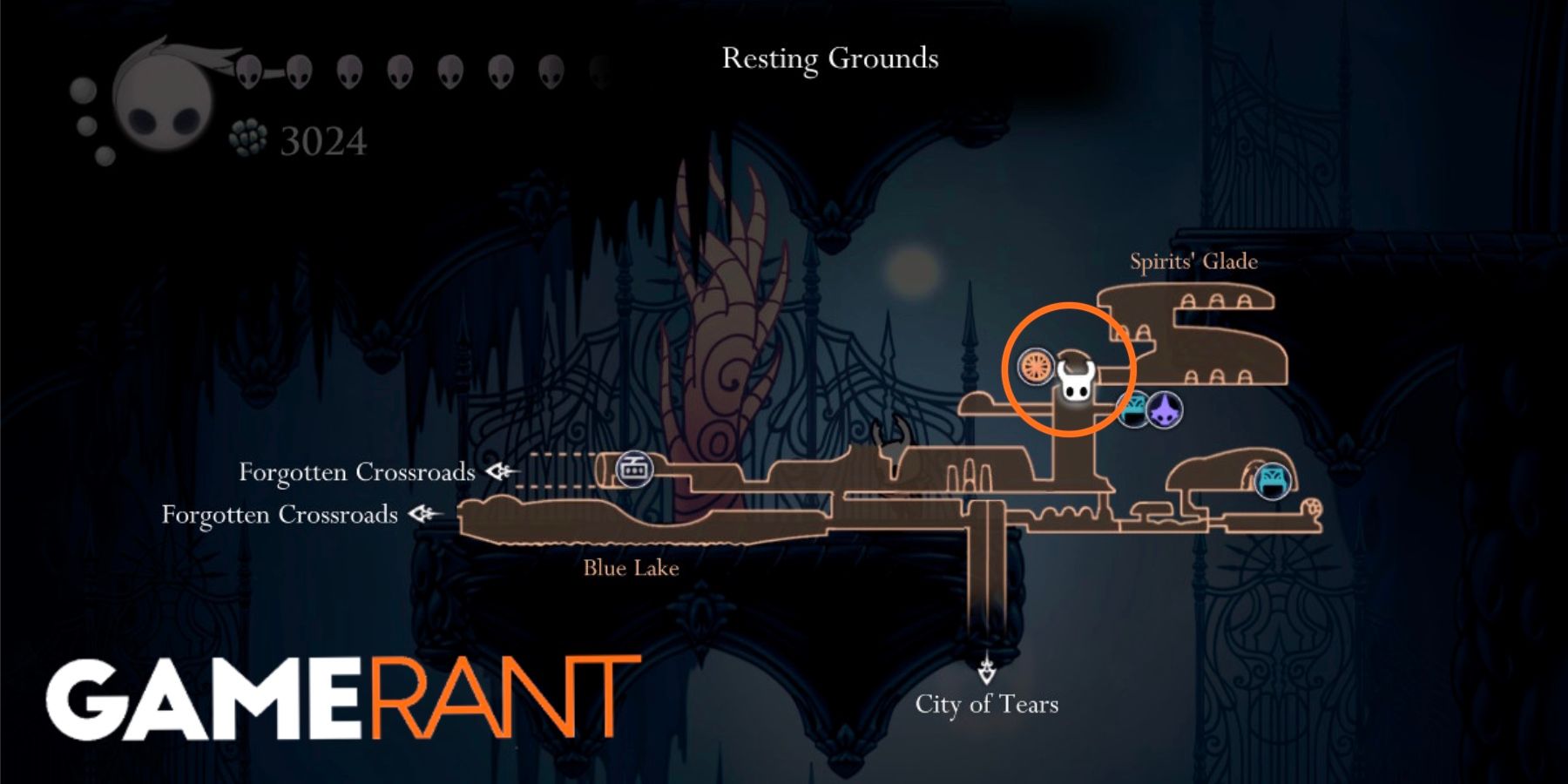 Hollow Knight Resting Grounds map location Whispering Root