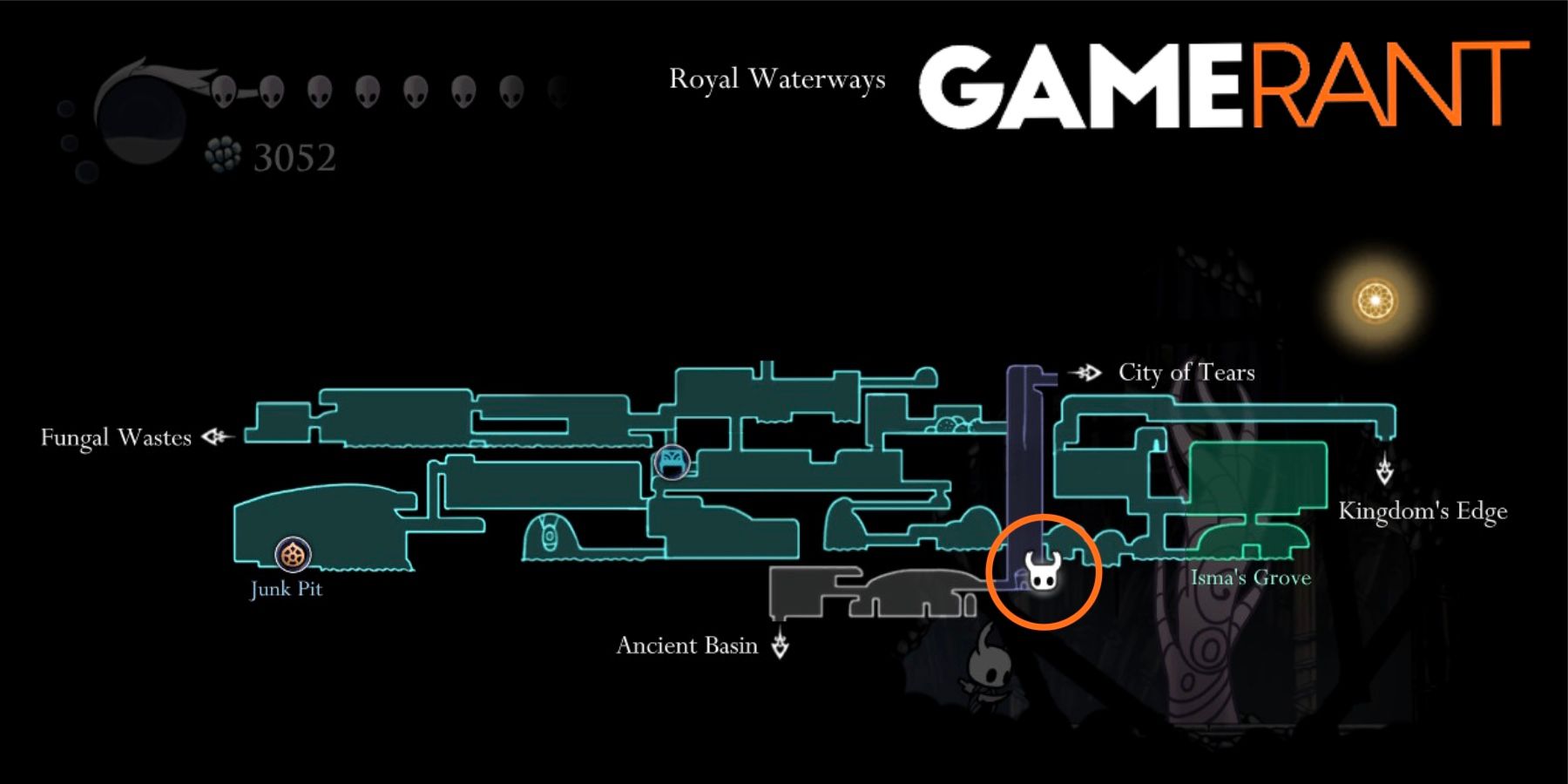 Hollow Knight Royal Waterways map location Whispering Root