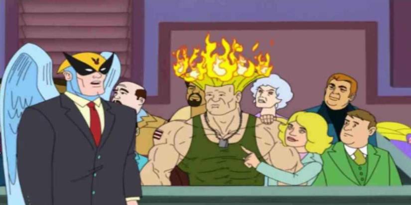 A scene featuring characters in Harvey Birdman