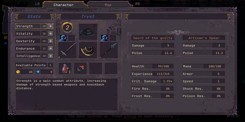 The character menu in Loot River