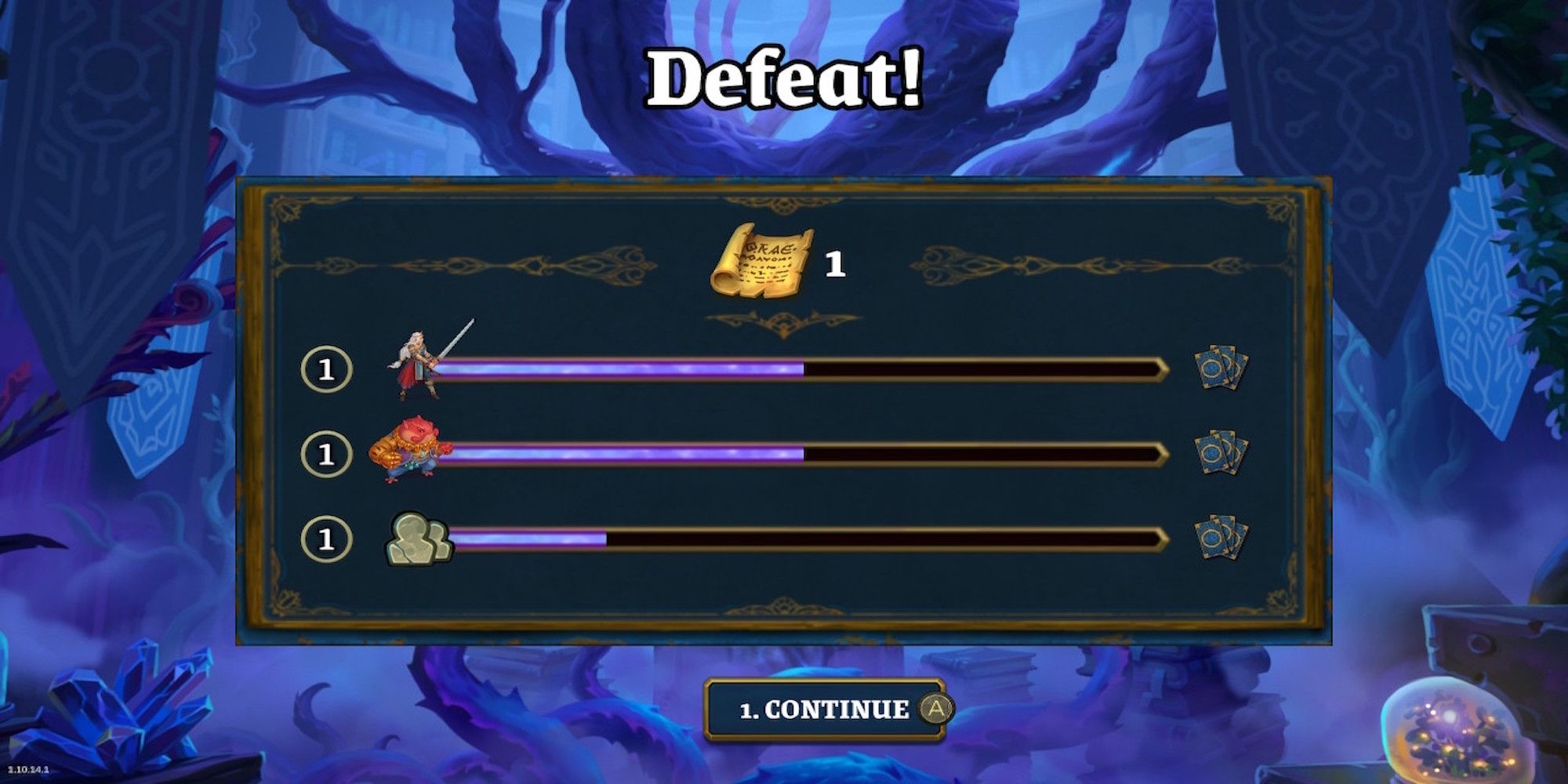 The defeat rewards menu in Roguebook