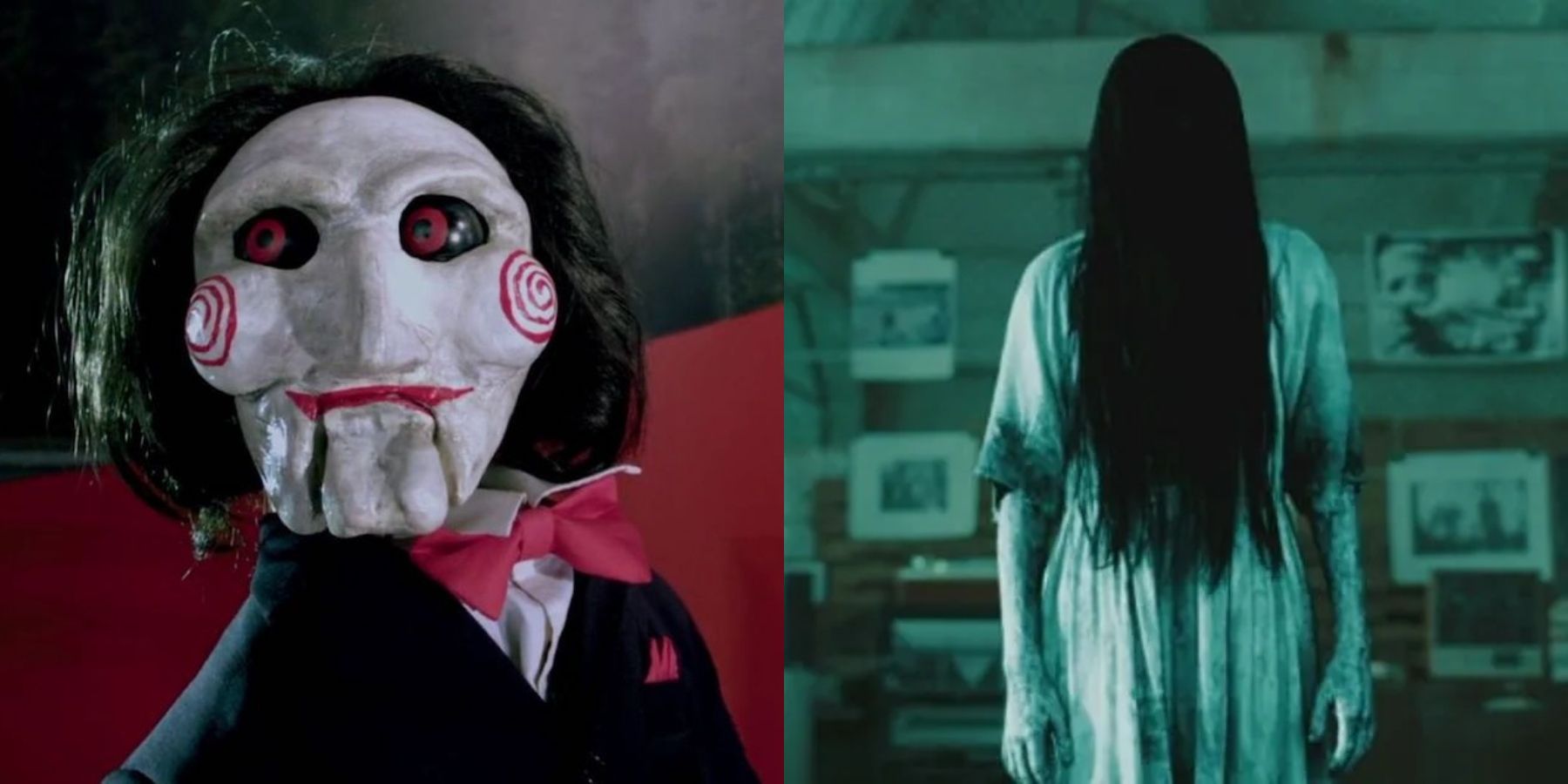 Split image of Jigsaw in Saw and Samara in The Ring