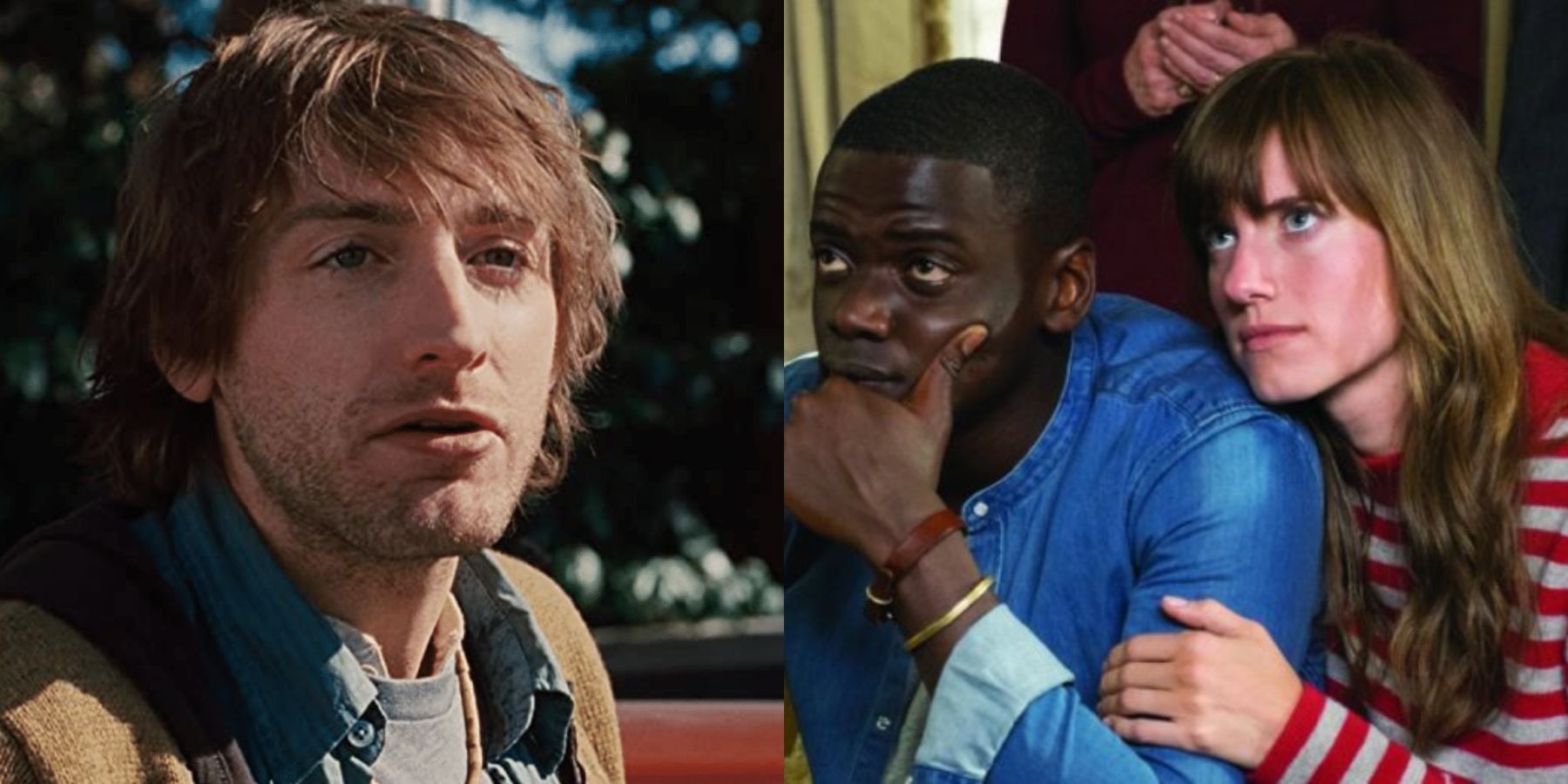 Split image of Marty (Fran Kranz) in The Cabin In The Woods and Chris (Daniel Kaluuya) and Rose (Allison Williams) in Get Out