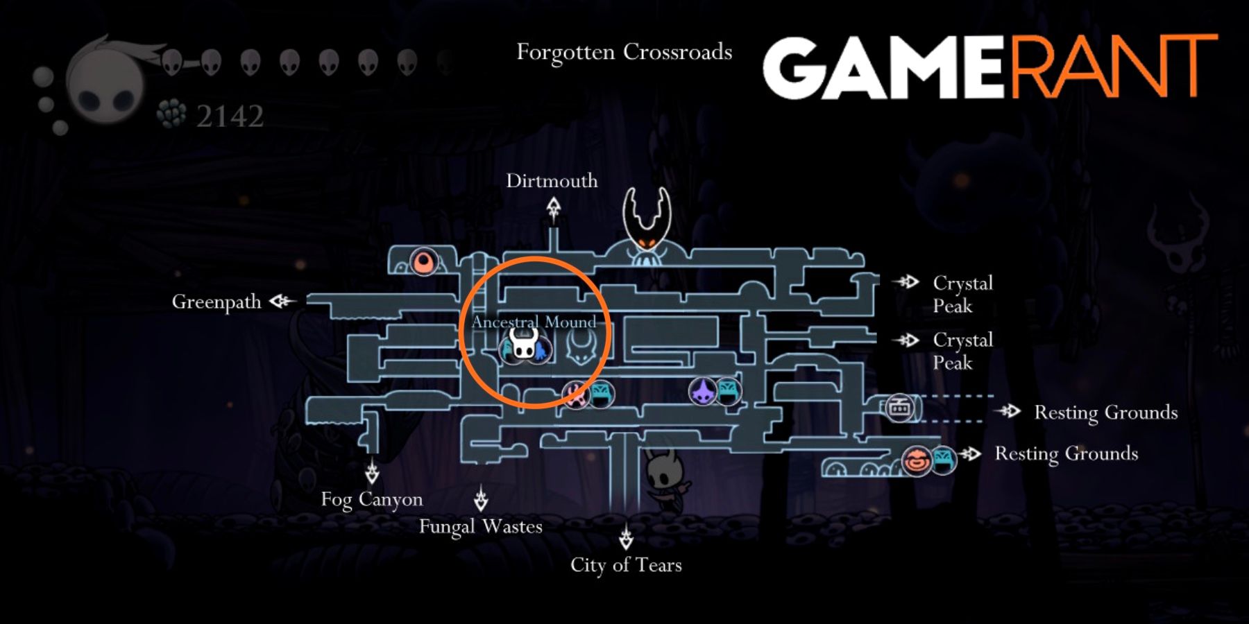 Hollow Knight Ancestral Mound map location Whispering Root