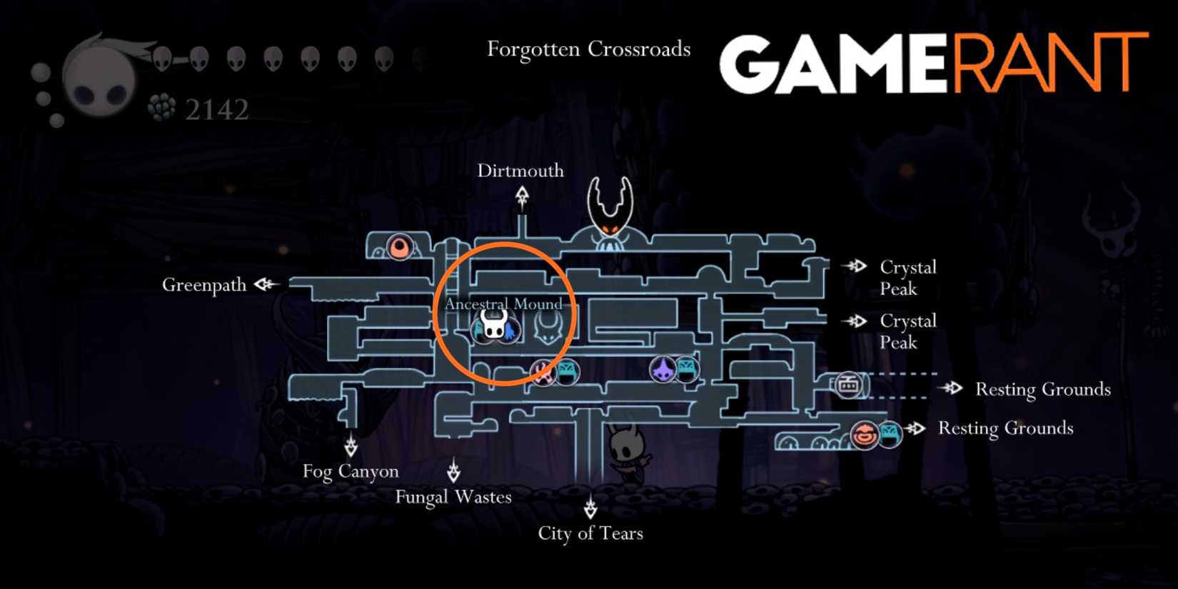 Hollow Knight Ancestral Mound map location Whispering Root