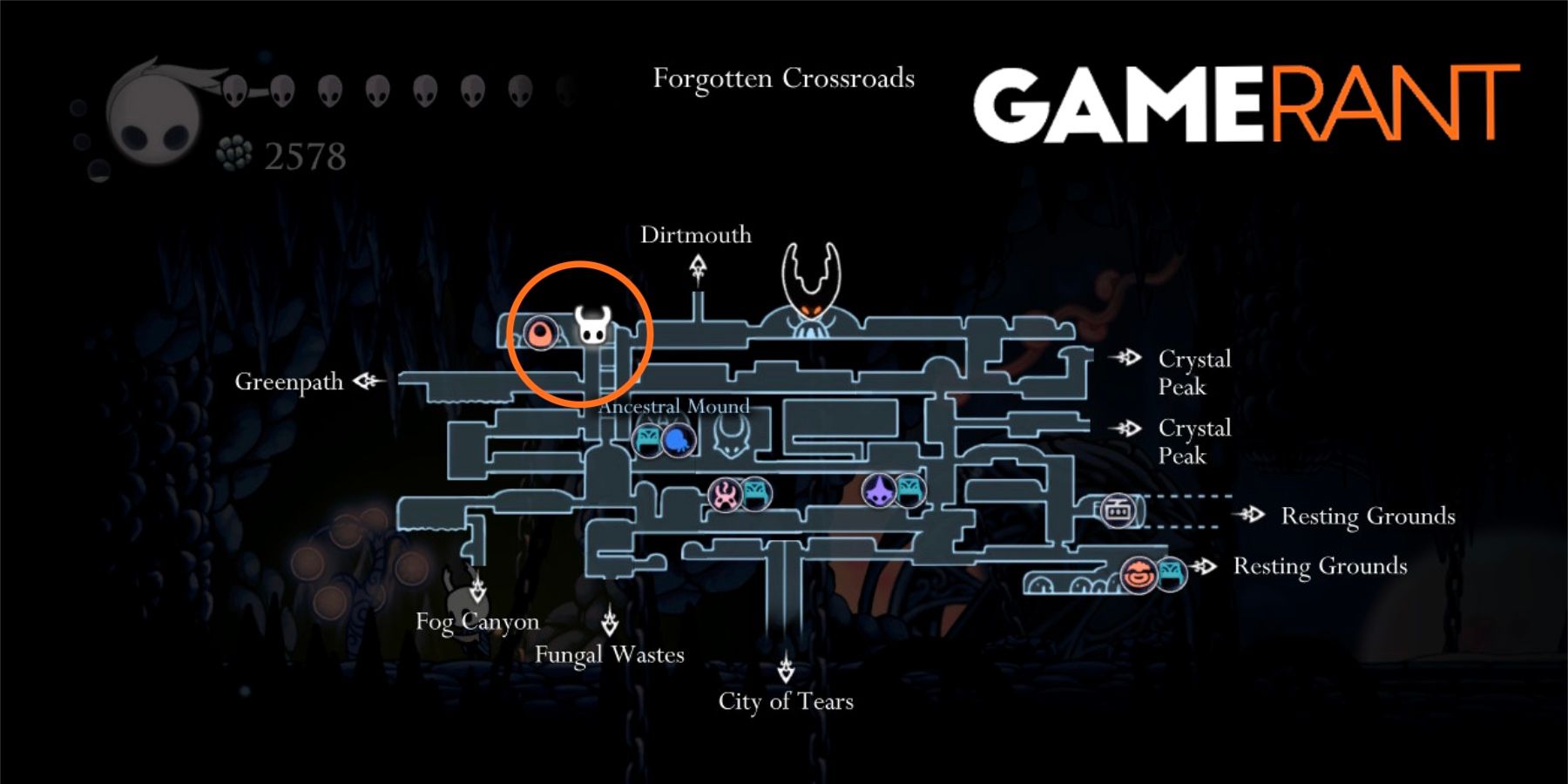 Hollow Knight Forgotten Crossroads map location Whispering Root